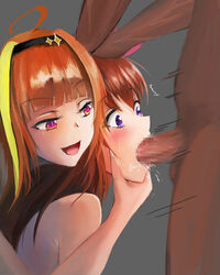 1boy 2girls ahoge assisted_fellatio bisexual blowjob blue_eyes blush brown_hair chin_grab cum cum_in_mouth dark-skinned_male fellatio female hair_ornament hand_on_chin holoforce hololive hololive_gen_0 hololive_japan horns interracial kiryu_coco large_hair light-skinned_female male motion_lines orange_hair questionable_consent saliva smile threesome tokino_sora virtual_youtuber watching youtube