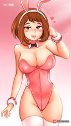 1girls ass back blush brown_hair bunny_ears bunny_girl bunny_tail bunnysuit curvy female female_focus female_only freckles my_hero_academia myst nose_blush ochako_uraraka soft_breasts solo solo_female solo_focus thick_thighs thighhighs yhw