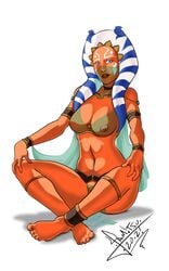 1girls ahsoka_tano anklet armlet belly_dancer belly_dancer_outfit blue_eyes bracelet dancer dancer_outfit female female_only harem_girl harem_outfit jedi large_breasts looking_at_viewer nipples_visible_through_clothing orange_skin see-through_clothing sitting slave slave_outfit slavegirl solo star_wars submissive_female text togruta veil voluptuous yamitsu