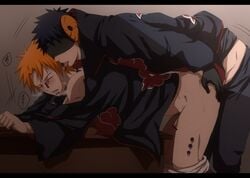 2boys against_table akatsuki_(naruto) ambiguous_penetration ass ass_grab bent_over black_hair blindfold cloak close-up closed_eyes clothed_sex clothing gay gloves licking licking_ear male male/male male_only male_penetrating mask mask_on_head moaning naruto naruto_(series) naruto_shippuden necrophilia off_shoulder open_mouth orange_hair pain_(naruto) pants_down penis piercing short_hair standing standing_sex sweat sweatdrop table tobi uchiha_obito yahiko yaoi