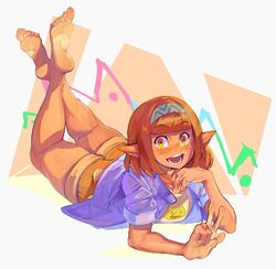 brown_hair cashumeru clothed foot_fetish original_character pointy_ears smiling yellow_eyes