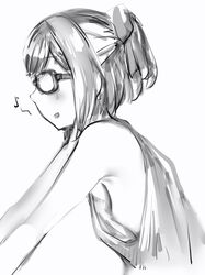 1girls a-chan_(hololive) accidental_exposure blush breast_slip breasts exposed_breasts female_only flat_chest glasses hair_up hairbow hololive hololive_staff leaning_forward light_blush monochrome musical_note nanashi_(nlo) no_bra opaque_glasses open_mouth perky_breasts short_hair sideboob simple_background singing small_breasts smile solo tied_hair virtual_youtuber white_background youtube