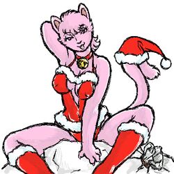 1girls anthro bagi bagi_the_monster_of_mighty_nature breasts cat christmas feline female fur furry kemono large_breasts looking_at_viewer mammal mutabouru pink_fur santa_costume santa_hat sitting solo tagme tail