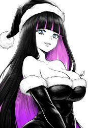 1girls absurdres bare_shoulders blue_eyes blunt_bangs breasts cleavage colored_inner_hair commentary detached_sleeves dress english_commentary female female_only hat highres large_breasts long_hair looking_at_viewer lughost multicolored_hair off-shoulder_dress off_shoulder panty_&_stocking_with_garterbelt pink_hair santa_hat solo spot_color stocking_(psg) stocking_anarchy very_long_hair