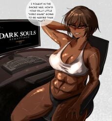arczaeon big_breasts black_panties breasts brown_hair clothing computer computer_monitor computer_mouse computer_screen dark-skinned_female dark_skin desktop dialogue electronics english_text female female_only huge_thighs human keyboard limbus_company looking_at_viewer muscles orange_eyes outis_(limbus_company) playing_games playing_videogame project_moon scar scars smiling smiling_at_viewer solo tank_top thick_thighs video_game voluptuous voluptuous_body voluptuous_female