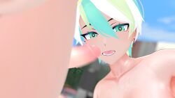 1girls :o ass big_breasts blowjob_face blue_eyes caption cock colorful_background colorful_hair dick exposed exposed_breasts eyelashes eyeshadow female femboy gloves highres izsumi123 large_breasts latex latex_gloves penis smug solo_female streamer sweat thighs transgender vtuber