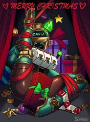 1girls 2d anal_beads bondage brown_body cat_ears christmas coin condom digital_media_(artwork) female festive glowing_eyes gold_(metal) green_body green_eyes heels hourglass_figure joints kabiwuz leg_up legs legs_spread mechanical presents robot robot_girl robot_humanoid screen_face slot_machine smug sweat sweatdrop thick_thighs