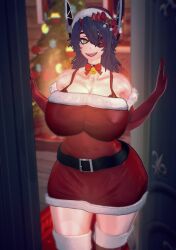 1girls 3d 3d_model 4k bell big_breasts blush bra_strap breasts choker christmas christmas_clothing christmas_outfit christmas_tree eyepatch fangs female highres huge_breasts kantai_collection kiminodonuts koikatsu looking_at_viewer purple_hair red_sleeves ribbon round_breasts santa_costume santa_hat smiling tagme tenryuu_(kantai_collection) thick_eyebrows thick_hips thick_legs thick_lips thick_thighs thin_waist tongue yellow_eyes