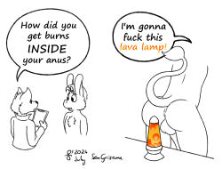 anthro anus asinus balls butt canid canine canis dialogue donkey duo english_text equid equine genitals hi_res improvised_sex_toy lamp lava_lamp male mammal nude penis profanity raised_tail sen_grisane_(artist) sen_grisane_(character) speech_bubble stupidity tail text wolf