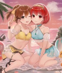 2girls aqua_bikini aqua_swimsuit arm_around_another bare_legs bare_midriff bare_shoulders beach beach_ball bikini blue_bikini blue_swimsuit blush blushing breasts brown_eyes brown_hair cleavage delthea_(fire_emblem) evening evening_sky female female_only fire_emblem fire_emblem:_mystery_of_the_emblem fire_emblem:_new_mystery_of_the_emblem fire_emblem:_shadow_dragon fire_emblem:_shadow_dragon_and_the_blade_of_light fire_emblem_echoes:_shadows_of_valentia fire_emblem_gaiden frills gold_bikini gold_swimsuit haru_(nakajou-28) horizon human human_only kneeling kneeling_in_water light-skinned_female light_skin maria_(fire_emblem) nintendo ocean red_eyes red_hair short_hair sitting sitting_in_water small_breasts smile smiling sunset swimsuit v water wholesome wink winking yellow_bikini yellow_swimsuit