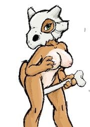 bone breasts color cubone exposed_breasts female female_only green_eyes mutabouru nintendo nipples open_eyes pokemon pokemon_(species) pussy solo straight_hair tail vulva white_background