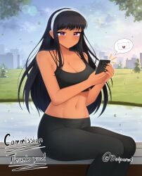 1girls bare_midriff black_bra black_hair black_pants blush blushing breasts cell_phone cleavage commission commissioner_upload dark-skinned_female dark_skin doiparuni female female_only fit fit_female hairband happy happy_female human human_only hunie_(series) huniepop kyanna_delrio long_hair park park_bench phone sitting sitting_on_bench smile smiling solo solo_female sports_bra sportswear sweat text_message workout workout_clothes yoga_pants