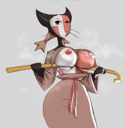 artist_request big_breasts bimbo cane ena_(series) feline flashing flashing_breasts joel_g mask multicolored_body simple_background smile source_request the_shepherd_(ena) twintails whiskers wide_hips yellow_eyes