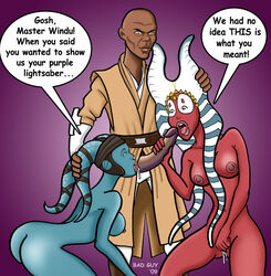 1boy 2009 2girls aayla_secura bad_guy blue_skin clone_wars dark-skinned_male dark_skin english_text female interspecies jedi jedi_master mace_windu male multiple_girls naked nude oral oral_sex penis red_skin shaak_ti star_wars text threesome togruta twi'lek