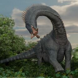 3d 3d_(artwork) 3d_render african_female animal_pred blender_(software) blender_cycles breasts congo dark-skinned_female dark_skin dinosaur female_prey feral feral_pred feral_vore heinoussaurus image larger_pred mass_vore render sauropod screaming stomach_bulge throat_bulge unwilling_prey unwilling_vore vore vore_belly