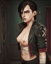 1girls abs ai-created ai_assisted ai_generated arcane arcane_brawler_vi arcane_vi black_hair black_lipstick breasts emo face_tattoo female female_abs female_only goth grey_eyes league_of_legends looking_at_viewer looking_down makeup multicolored_hair muscular muscular_female nipples piercing punk punk_girl punk_hair red_hair riot_games short_hair tattoo vi