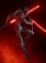 1boy 2025 2_toes 3d 3d_(artwork) abstract_background action_pose alien alien_boy animal_genitalia bioware claws dual_wielding electronic_arts fighting_pose full_body genital_slit genitals glowing_eyes hi_res lightsaber looking_at_viewer male male_only mass_effect melee_weapon midair myackao no_sex non-human non-human_only nude plates pose red_eyes red_lightsaber solo solo_female star_wars sword toe_claws toes turian unguligrade weapon weapons xerathis