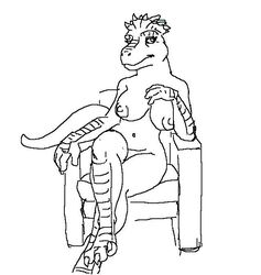 anthro breasts crossed_legs dinosaur dinosaurs dinosaurs_(series) female female_only fran_sinclair front_view jim_henson line_art lineart nude posing reptile simple_background sitting solo white_background