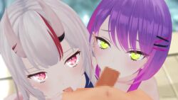1boy 2girls 3d animated audible_ejaculation bisexual bisexual_female blowjob censored collaborative_fellatio cum cum_in_mouth cum_swap fellatio ffm_threesome french_kiss girl_kisses_girl green_eyes hairclips holoforce hololive hololive_gen_2 hololive_japan kissing licking_penis light-skinned_female light-skinned_male light_skin looking_at_viewer male_pov mikumikudance mmd mosaic_censoring nakiri_ayame oni oni_female oni_horns open_mouth outdoors pale-skinned_female pale_skin penis pool pov purple_hair red_eyes red_hair sharing_cum sound threesome tokoyami_towa two-tone_hair video virtual_youtuber water white_hair zuzuzu3d