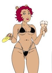 anthro arthur_(series) bikini bikini_bottom bikini_top black_bikini black_bra black_panties female female_only hourglass_figure ice_cream jane_read looking_at_viewer medium_breasts milf red_hair revealing_clothes skimpy_clothes tagme thick_thighs white_background