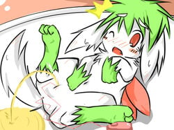 ass_vibrator blush cum cute green_hair nintendo peeing pokemon pokemon_(species) pussy red_eyes scared shaymin urine watersports