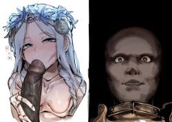 1boy 1girls big_penis blowjob dark-skinned_male dark_skin doll doll_girl doll_joints doppel elden_ring elden_ring_nightreign executor_(nightreign) fellatio female fromsoftware funny_face large_penis male pale-skinned_female pale_skin revenant_(nightreign) spooky what_he_sees_vs_what_she_sees