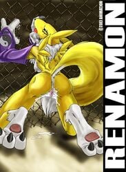 anthro ass back_view color cum digimon female female_only fence fur furry nude renamon solo species_name tagme vulva