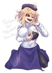1girl antenna_hair arcueid_brunestud artist_request black_bra black_pantyhose blonde_hair bra breasts colored_sclera commentary commission english_commentary english_text evil_smile fingernails flat_cap hair_between_eyes hand_on_own_face hat kneeling large_breasts looking_at_viewer melty_blood messy_hair mystic_eyes_of_enchantment pantyhose purple_hat purple_skirt red_arcueid red_sclera sharp_fingernails sharp_teeth short_hair side_slit skeb_commission skirt slit_pupils smile solo sweater teeth torn_clothes torn_sweater tsukihime turtleneck turtleneck_sweater underwear vampire white_background white_sweater yellow_eyes