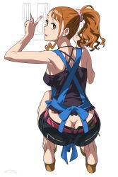 1girls aged_up anohana:_the_flower_we_saw_that_day apron ass ass_focus belt black_topwear breasts butt_crack denim_shorts from_behind jewelry looking_back naruko_anjou open_mouth orange_eyes orange_hair ponytail scrunchie solo_female squatting suna third-party_source
