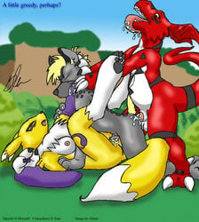 anal ass breasts color digimon exposed_breasts female fur furry furry_breasts furry_tail glenn guilmon interspecies male multiple_males outdoors renamon sex side_view straight tail vaginal_penetration yaoi