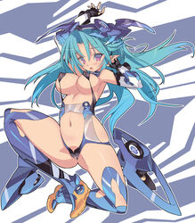 :o armpits arms_up blade_(galaxist) blue_hair blush boots breasts erect_nipples female fingerless_gloves gloves large_breasts long_hair looking_at_viewer mecha_musume navel original pointy_ears solo thigh_boots thighhighs