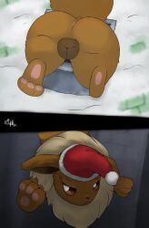 2025 anal anal_invitation anal_suggest animal_genitalia animal_vulva animated annoyed anus ass big_ass big_butt black_sclera brown_body brown_fur butt_focus canid canine canine_genitalia canine_vulva chimney christmas christmas_clothing christmas_headwear clothing eevee eyelashes female feral fur generation_1_pokemon genitals hat headgear headwear hi_res holidays huge_ass huge_butt looking_up majika mammal neck_tuft nintendo pawpads paws pokemon pokemon_(species) rooftop santa_hat short_playtime snow solo stuck tagme tail tuft video vulva white_eyes