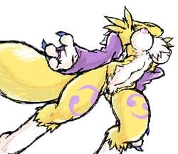 breasts color digimon exposed_breasts female female_only fur furry furry_breasts mutabouru renamon solo white_background white_fur yellow_fur