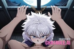 1boy ai_assisted ai_generated angry anime_screencap back_against_wall balls_deep blue_eyes deep deepthroat depth_of_field dominated east_asian_architecture face_fuck facing_viewer full_moon hands_tied_above_head high_quality highres hunter_x_hunter jojo_pose killua_zoldyck looking_at_viewer night official_style petite_body pov ripped_clothes sitting_on_knees skinny small_breasts small_tits tiny_tits upper_body white_hair young