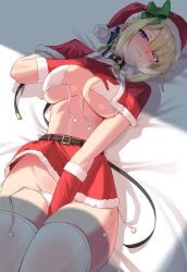 1girls absurdres aiden_(ofsb) bed bed_sheet belt between_legs black_belt blonde_hair blue_eyes blunt_bangs blush bra breasts breath capelet christmas cleavage commentary_request elbow_gloves evelyn_chevalier female female_only fur-trimmed_capelet fur-trimmed_gloves fur-trimmed_skirt fur_trim gloves green_ribbons hand_between_legs hand_on_own_chest hand_up hat hat_ribbon highres large_breasts long_hair looking_at_viewer lying miniskirt on_bed open_bra panties parted_lips pom_pom_(clothes) red_capelet red_gloves red_hat red_skirt ribbon santa_costume santa_hat side-tie_panties sidelocks skirt solo strap thighhighs thighs underboob underwear untied_panties white_bra white_panties white_thighhighs zenless_zone_zero