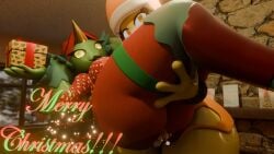 3d_(artwork) amphibian amphibian_humanoid animal_humanoid anthro ass butt_crush butt_focus butt_smother christmas christmas_clothing christmas_decorations christmas_tree clothing daisy_(rochin1000) digital_media_(artwork) duo entrapment female frog frog_humanoid generation_5_pokemon hi_res holding_partner holidays humanoid macro male male/female maraciti maractus micro nintendo omananimations pal_(species) palworld plant pocketpair pokemon pokemon_(species) size_difference smothering sparkit teasing teasing_with_butt thick_thighs tree tree_frog wide_hipped_female wide_hips
