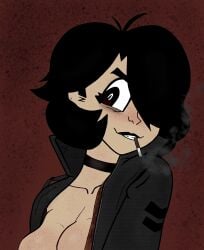 1girls big_breasts black_hair black_lipstick blush bob_cut breasts breasts_out cigarette clothing female freckles goth goth_girl hair hair_over_one_eye jacket jacket_open latina oc open_clothes open_shirt original_character shellzzz smile smiling smoking spiky_hair tagme tanned teeth