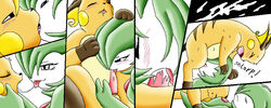 1boy 1girls blowjob blush cum cum_in_mouth cum_inside deepthroat fellatio femdom gardevoir green_hair humanoid kiss kissing larger_female mewtwox nintendo oral oral_sex orgasm pokémon_(species) pokemon pokemon_(species) pokemon_rse raichu seductive_look seductive_smile short_hair size_difference smaller_male swallowing text white_skin