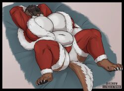 1girls anthro big_breasts breasts christmas christmas_outfit chubby_anthro chubby_female dog hair_over_eyes huge_breasts jezzlen