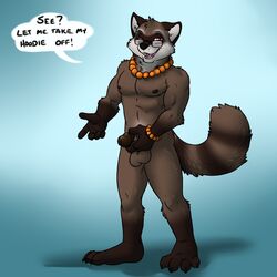 aggrobadger anthro balls barefoot dialog english_text eyewear furry furry_only glasses male male_only mammal necklace nipples nude penis raccoon solo text uncut