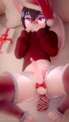 3d accessory anal anal_sex anthro balls band-aid band-aid_on_face bandage bandage_on_face bed blue_body blue_fur blush candy_cane_dildo candy_cane_in_urethra christmas christmas_clothing christmas_headwear christmas_present clothing clothing_aside covering covering_mouth dildo dildo_in_ass dildo_insertion embarrassed erection femboy footwear foreskin fur furniture genitals gift hat headgear headwear holidays humanoid_genitalia humanoid_penis inside lagomorph leporid looking_at_viewer lying male mammal markings maxie_(maxkore) maxkore object_in_ass object_in_urethra on_back one_ear_up panties panties_aside pawpads paws penetration penis penis_accessory penis_bow penis_ribbon pillow pubic_tattoo purple_eyes rabbit red_clothing red_footwear red_panties red_socks red_sweater red_topwear red_underwear ribbons ring santa_hat sex_toy sex_toy_in_ass sex_toy_insertion shy socks solo spread_legs spreading striped_markings stripes sweater tattoo topwear underwear underwear_aside urethral urethral_penetration white_body white_fur womb_tattoo