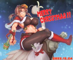1girls bell belt bird boots bow bra breasts brown_belt brown_bra brown_eyes brown_hair capelet christmas closed_mouth commentary_request dated english_text female female_only fio_germi fur-trimmed_boots fur-trimmed_capelet fur-trimmed_skirt fur_trim gatling_gun glasses hat jingle_bell large_breasts long_hair looking_at_viewer madsensei merry_christmas metal_slug orange_hat ostrich outline pantyhose ponytail red_boots red_bow red_capelet red_skirt riding round_eyewear sack santa_costume sideboob sidelocks skirt smile snowing solo sparkle stick_grenade underwear visor_cap white_outline