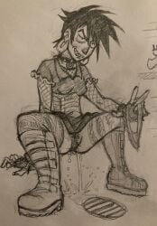 xaria_(look_outside) look_outside piss pissing clothed clothed_female female 1girls open_mouth teeth teeth_clenched teeth_bared teeth_showing panties_aside panties panties_removed skirt black_hair black_clothing boots peeing peeing_self pee drain_(object) fingerless_gloves fingers hairy_pussy punk punk_girl traditional_media choker spiked_collar spiked_hair earrings earring ears human nose thighhighs thighs pussy fishnets fishnet fishnet_topwear ruffles pubic_hair ickystickypink peeing_on_floor eyebrows blush blush_lines small_breasts lace-trimmed_panties lace_trim holding_panties hand_on_panties smile smiling tagme solo