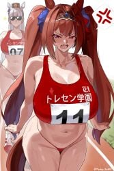2girls anger_vein bare_shoulders blush bow brown_hair daiwa_scarlet_(umamusume) female female_only g-string gold_ship_(umamusume) hairbow hands_on_hips hat horse_ears horse_girl horse_tail japanese_text long_hair monkey_jon oerba_yun_fang partially_clothed red_eyes red_g-string sparkles sunglasses sweat tail tiara twintails umamusume white_hair