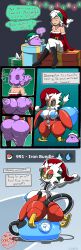 beak bird bird_girl blue_nipples burnet_(pokemon) chabble christmas christmas_clothing christmas_hat christmas_lights christmas_outfit christmas_present comic digital_eyes ditto extended_neck headwear iron_bundle long_neck looking_back_at_viewer penguin pokemon pokemon_(species) robot robot_girl robot_transformation robotic robotification santa_costume santa_hat shortstack shortstackification sitting_on_ball tail transformation transformation_sequence white_hair wings yellow_eyes