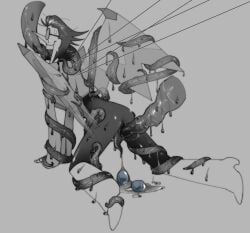 deltarune spamton_g_spamton spamton_neo on_knees wings tentacle tentacle_sex tentacle_in_mouth tentacle_penetration tentacle_in_pussy tentacle_dick sweating restrained_by_tentacles restrained puppet_strings futanari egg egg_laying oviposition