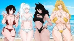 2d 4girls abs alqkemy777 animal_ears beach big_breasts bikini bikini_bottom bikini_top black_bikini black_bikini_bottom black_eyes black_hair blake_belladonna blonde_hair bottomwear breasts cleavage curvaceous curvy curvy_figure eyepatch_bikini female female_only hair hips huge_breasts huge_thighs large_breasts long_hair medium_breasts muscles muscular muscular_female ocean one_eye_closed peace_sign ponytail purple_eyes red_bikini ruby_rose rwby scar scar_across_eye short_hair slingshot_swimsuit smile standing swimwear tall_female taller_female team_rwby thick_thighs thigh_strap thighs tomboy topwear water weiss_schnee white_bikini white_hair wide_hips wink winking yang_xiao_long yellow_eyes