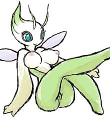 blue_eyes bottomless breasts celebi closed_mouth color exposed_breasts female female_only mouth mutabouru nintendo nipples nudity open_eyes pink_nipples pokemon pokemon_(species) pussy sitting smile solo topless vulva white_background wings