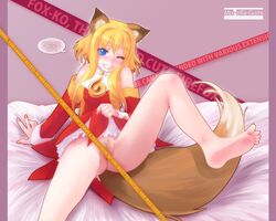 animal_ear barefoot bed bottomless censored feet firefox firefox-tan fox_ear mascot os-tan piro_(artist) pubic_hair site-tan skirt skirt_lift sole soles spread_legs tail toes