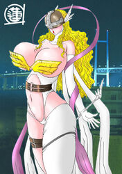 angel angewomon blonde_hair blush breasts digimon dress helmet hidden_face huge_breasts leather_suit long_hair